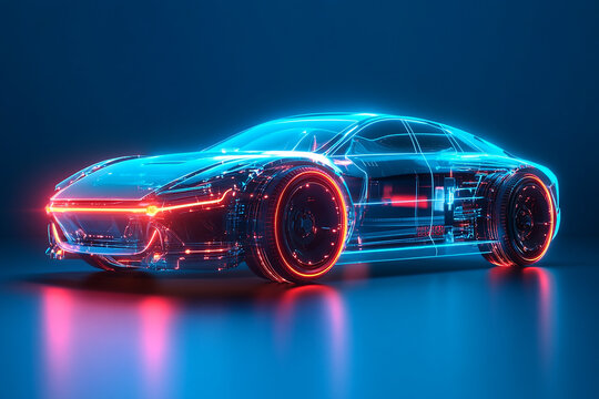 hyper realistic Futuristic AR conceptual car digital wireframe car concept with blue background generated by AI