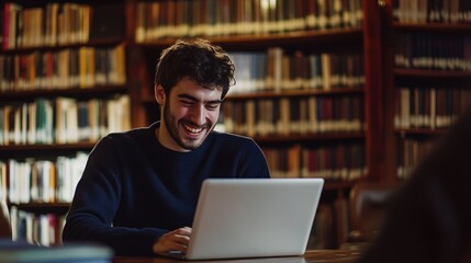 Young Man Working on Laptop in Library Setting