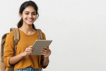 young indian female student holding tablet on white background