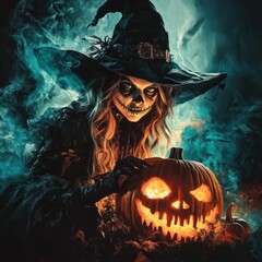 scary spooky halloween season, monster skull and crossbones halloween witch with pumpkin, halloween and October background --v 6.1 Job ID: 273221df-da67-42ab-a02c-392a20a32519