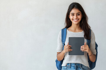 young indian female student holding tablet on white background