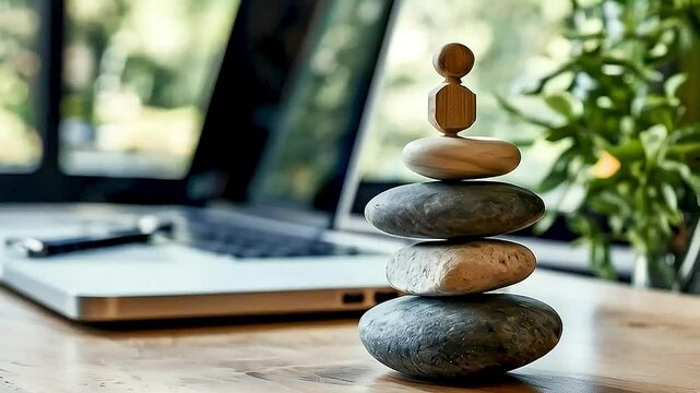A stack of  stones  on  a desk  with  a laptop  and  a plant  in the background.