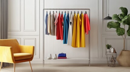 Minimalist dressing area with a stylish clothes rack showcasing bold, vibrant outfits. Chic decor and trendy accents make this space perfect for fashion displays.