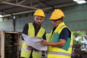 Group of male engineer worker discuss and working together in industry factory. Male engineer repairing or maintenance CNC machine in factory