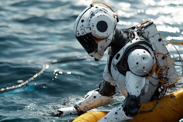 A humanoid robot responding to an offshore oil spill, deploying containment booms, monitoring environmental impact, and assisting in clean-up operations, working in challenging sea conditions