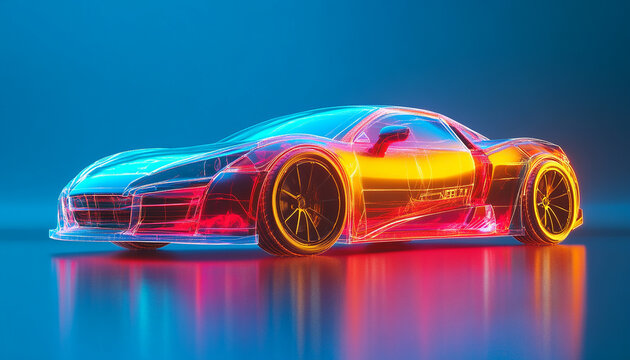 hyper realistic Futuristic AR conceptual car digital wireframe car concept with blue background generated by AI