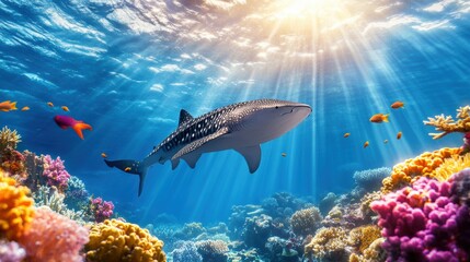 Fototapeta premium Majestic Whale Shark Swimming in Vibrant Coral Reef