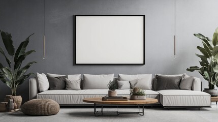 Modern living room with blank poster frame above a sleek sofa, coffee table, and stylish decor. Minimalist design for mockup.