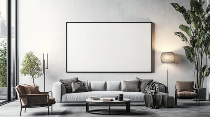 Modern living room with blank poster on white wall, minimalist furniture, and soft lighting. 3D render for artwork mock-up.