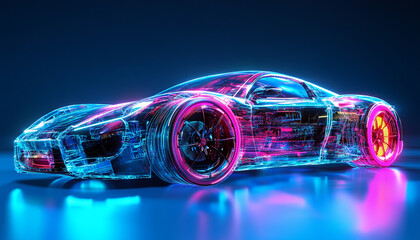 hyper realistic Futuristic AR conceptual car digital wireframe car concept with blue background generated by AI