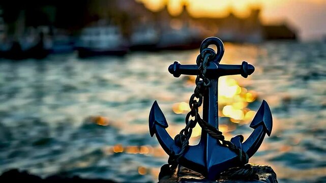an anchor  with  the ocean  and  boats  in the background

