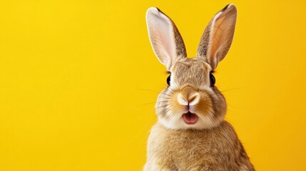 Obraz premium Surprised bunny against a vivid yellow background, perfect for Easter promotions, pet care advertising, or vibrant spring-themed graphics. Copy space for text. Easter sale, discount.