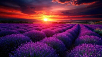 A vibrant sunset illuminating a field of lavender