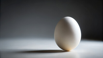 A single white egg standing upright on a smooth surface, casting a subtle shadow, highlighting its smooth texture and simplicity.