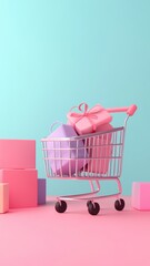 A colorful shopping cart filled with gifts stands against a vibrant background, showcasing a playful shopping experience.