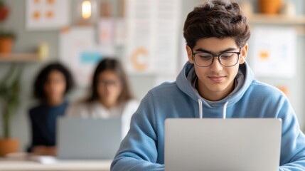 Focused Student Studying with Laptop in a Modern Classroom Setting - Educational Concept for Academic Success Posters