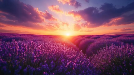 Fototapeta premium A vibrant sunset illuminating a field of lavender