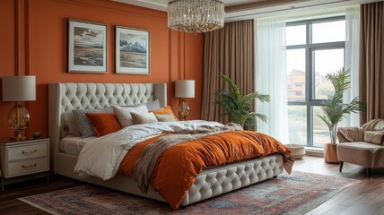 Cozy bedroom with orange accents and elegant decor.