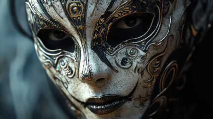 A close-up of a beautifully detailed, ornate mask with intricate designs and dark shading, conveying a mysterious and haunting presence.