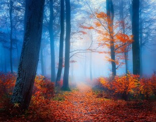 Obraz premium Mystical forest scene with a winding path and colorful autumn leaves