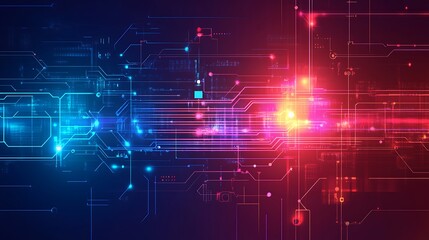 Obraz premium Abstract digital technology background with red and blue glowing lines and circuit board design.