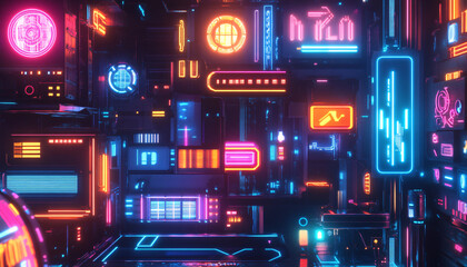 Obraz premium Bright, glowing neon signs in various shapes and colors, with a futuristic, cyberpunk-style backdrop