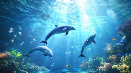 Obraz premium Graceful Dolphins Swimming in Vibrant Coral Reef