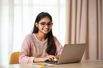 young indian girl using laptop at home