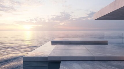 Fototapeta premium A modern observation deck extending over the ocean, with a series of floating concrete steps leading down to the water