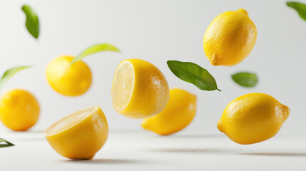 Ripe juicy lemon fruits with leaf levitating in air on white studio background. Fresh fruit...