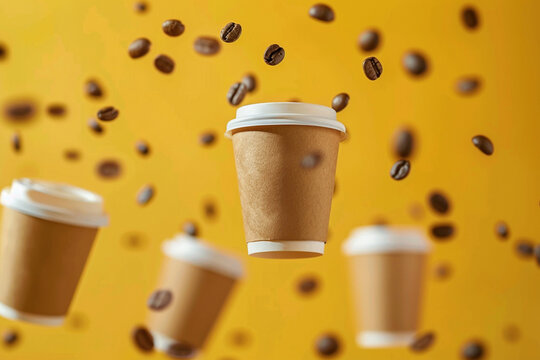Levitating coffee beans with paper to go takeaway cups flying above on orange studio background. Invigorating morning, motivation to start the day concept 