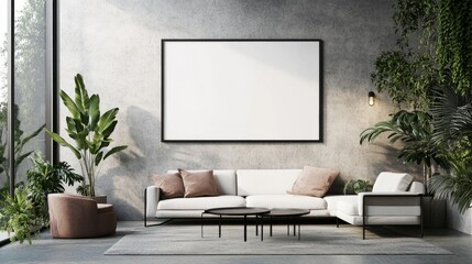 Stylish modern interior with blank poster on concrete wall, minimalist furniture, and soft natural light. Clean and elegant.