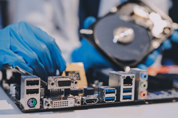 Obraz premium Electronics technician, electronic engineering electronic repair, electronics measuring and testing, repair and maintenance concepts.