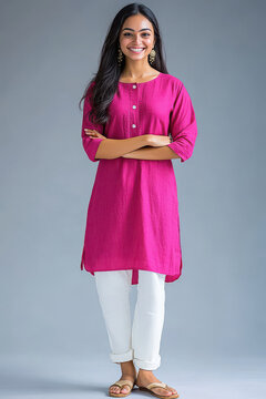 young indian woman wearing pink kurti