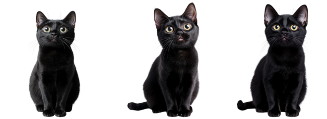 Collection of curious black cats isolated on white background