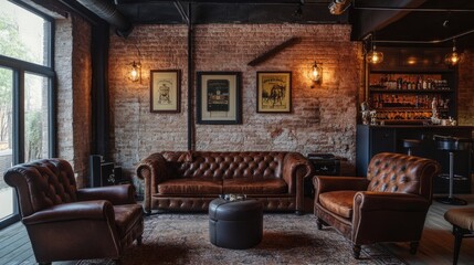 Vintage-inspired hipster loft with brick walls, leather armchairs, and industrial light fixtures. Cozy, artistic ambiance.