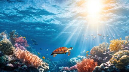 Obraz premium Colorful Coral Reef with Sea Turtle Underwater Scene