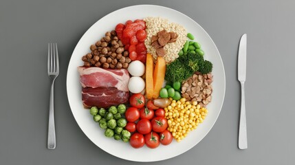 A balanced plate of food with lean proteins, whole grains, colorful vegetables, and healthy fats. AI generated