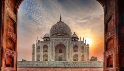 Fototapeta premium Architectural Marvel The Taj Mahal’s Beauty from Agra