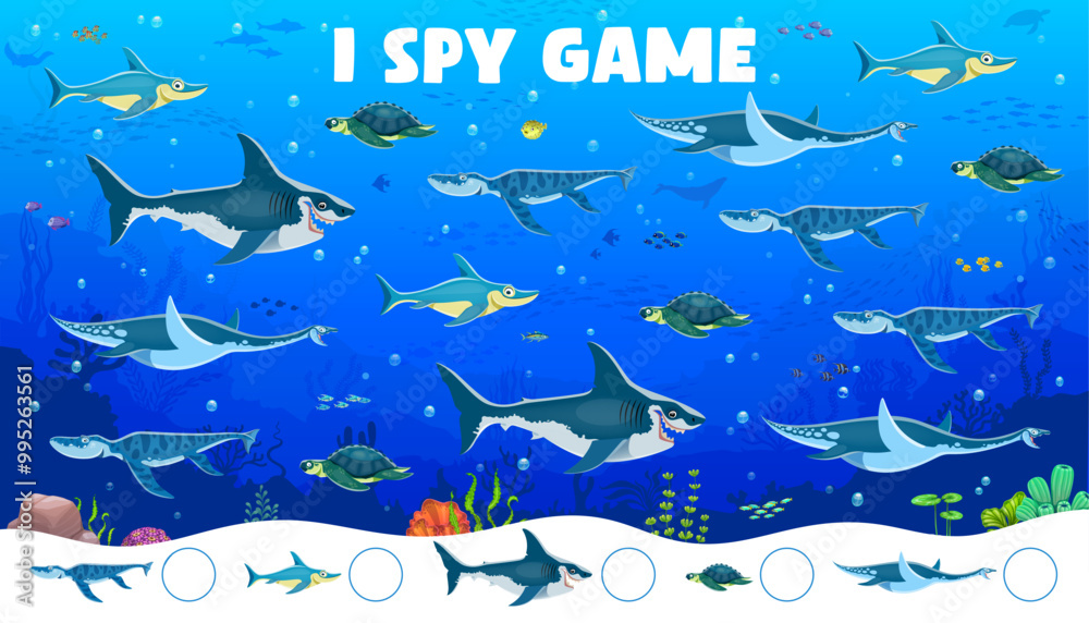 Poster i spy game worksheet with prehistoric sea underwater dinosaurs and reptiles, vector quiz. kids i spy