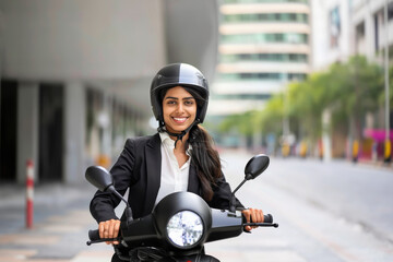 young indian business woman riding scooter at city street
