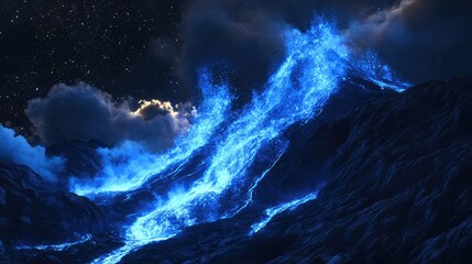 An aerial view of blue lava cascading down a volcanic slope under starry skies