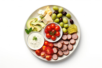 Appetizers boards with assorted cheese, meat, grape, olives and nuts. Charcuterie and cheese platter. Top view on white background