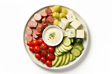 Appetizers boards with assorted cheese, meat, grape, olives and nuts. Charcuterie and cheese platter. Top view on white background