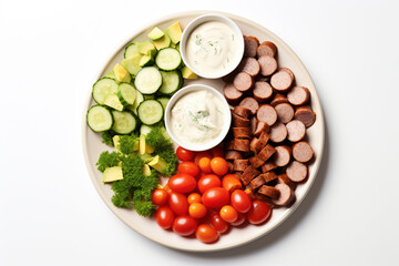 Appetizers boards with assorted cheese, meat, grape, olives and nuts. Charcuterie and cheese platter. Top view on white background