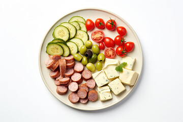 Appetizers boards with assorted cheese, meat, grape, olives and nuts. Charcuterie and cheese platter. Top view on white background