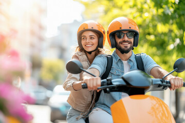 young indian couple riding scooter together