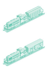 Isometric locomotive with hopper car. Railway. Industrial transportation. Diesel freight train on rails. Freight boxcar wagon. © BooblGum