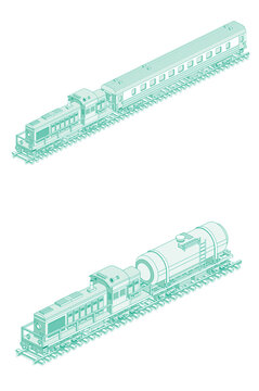 teal train isometric view on tracks clip art preview