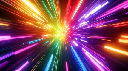 3D abstract background with a colorful spectrum of bright neon rays and glowing lines, creating a vivid and energetic visual scene